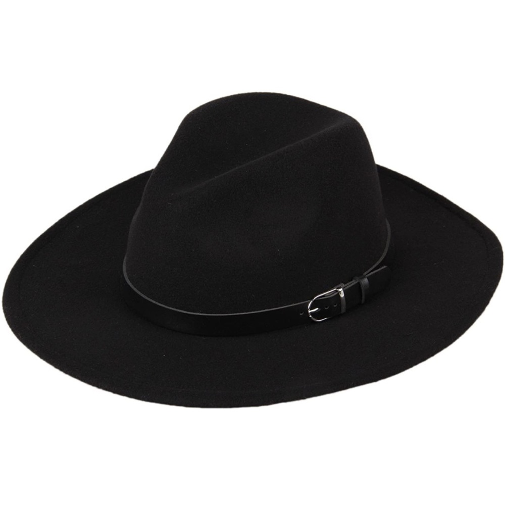 Wide Brim Wool Fedora Panama Hat with Belt Black, One Size